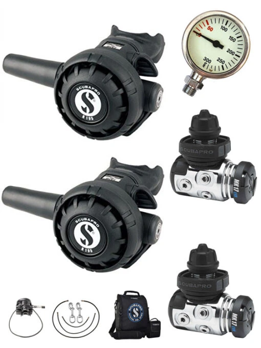 Scubapro MK17 Evo / R195 Backmount Tech Diver Regulator Set -Free Dive Gears Sales Scubapro MK17Evo R195 Twin Tank Regulator Set