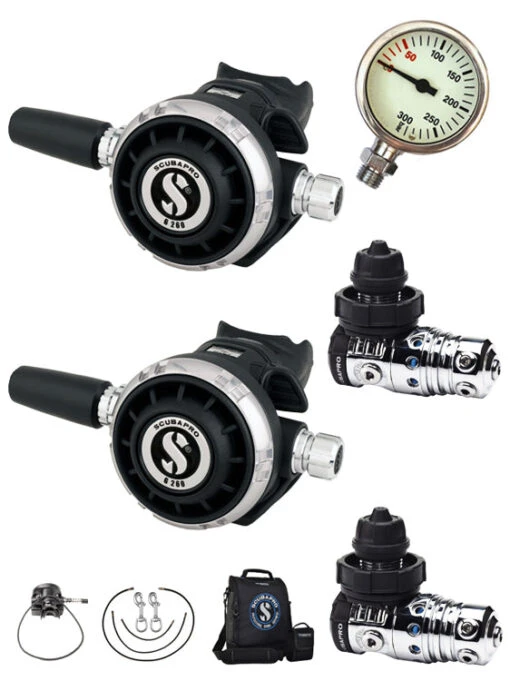 Scubapro MK25 Evo / G260 Backmount Tech Diver Regulator Set -Free Dive Gears Sales Scubapro MK25Evo G260 Tech Regulator Set